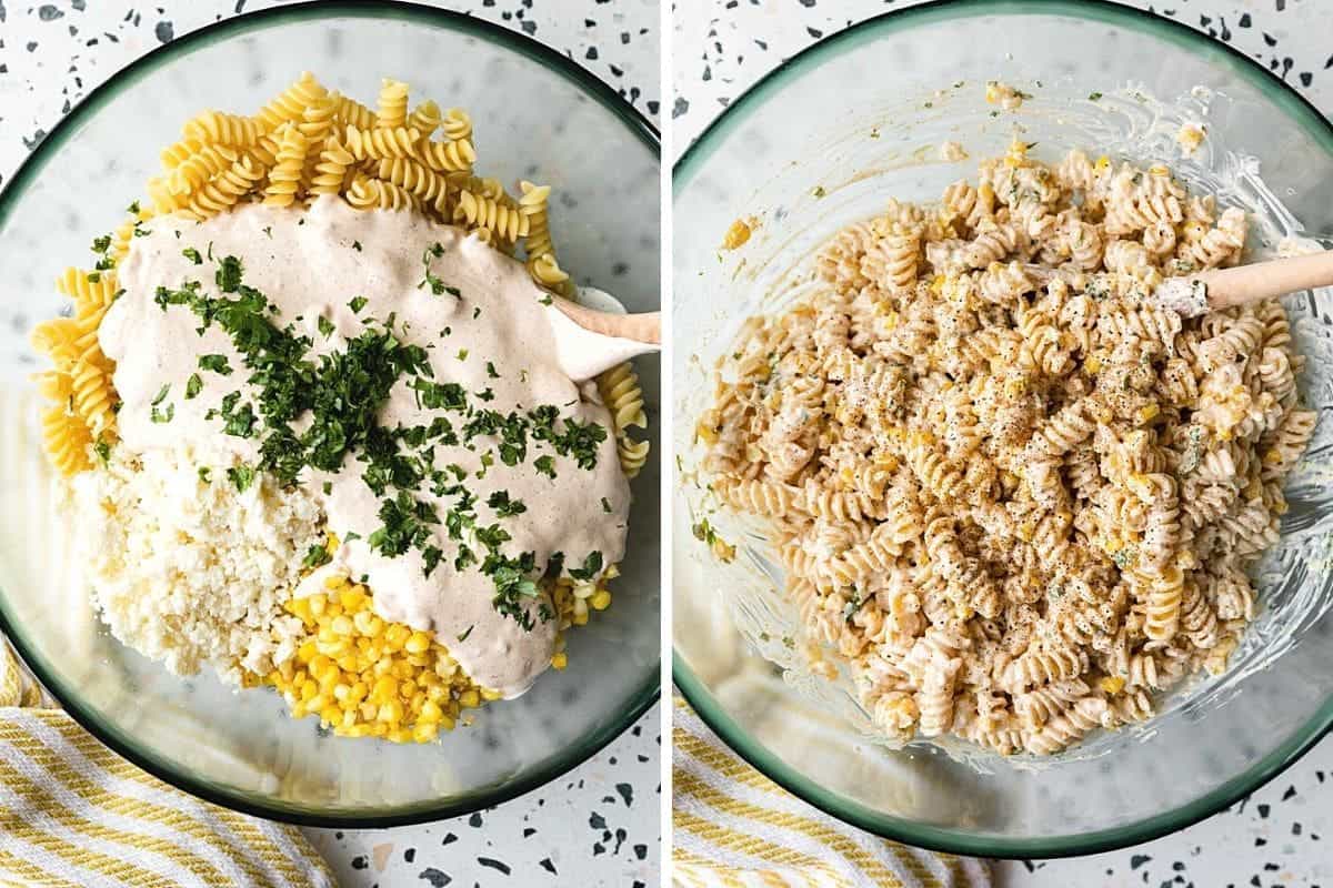 left picture shows pasta, corn, dressing and chopped cilantro in a glass bowl; right shows ingredients mixed together