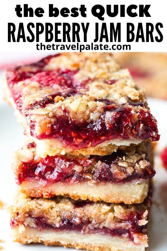 close up of raspberry bars with text overlay