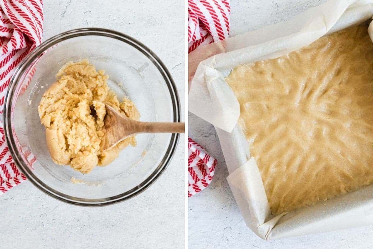 2 photos showing the shortbread layer being mixed and spread in baking pan