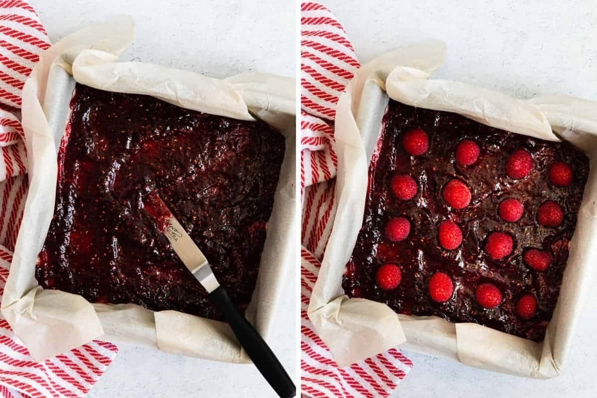 2 photos showing raspberry preserves and fresh raspberries being put over shortbread