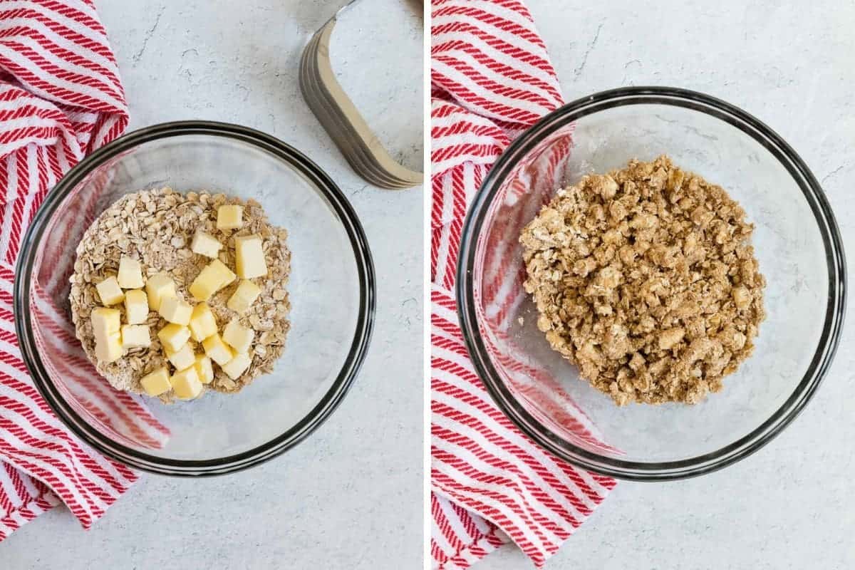 2 photos showing how to make the streusel topping