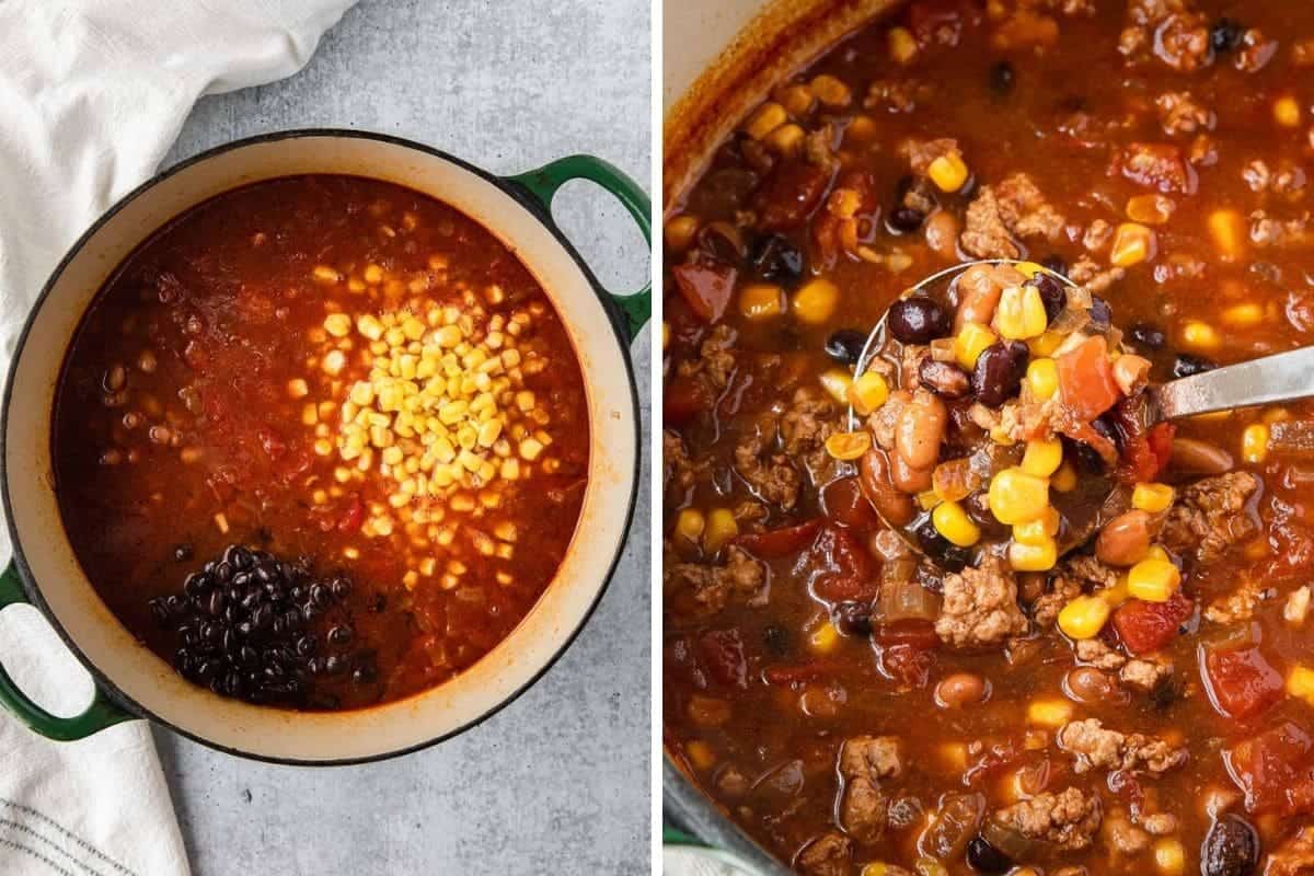 adding beans and corn and mixing soup