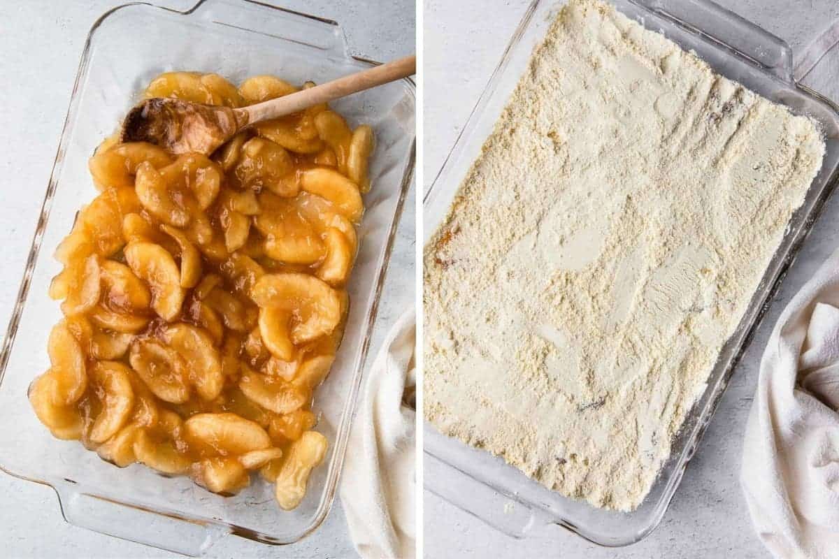 adding apple pie filling and cake mix to baking dish