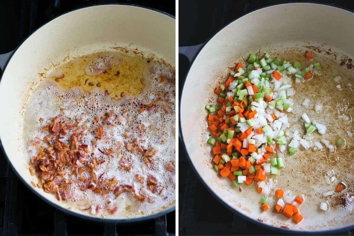 cooking the bacon and vegetables for the soup