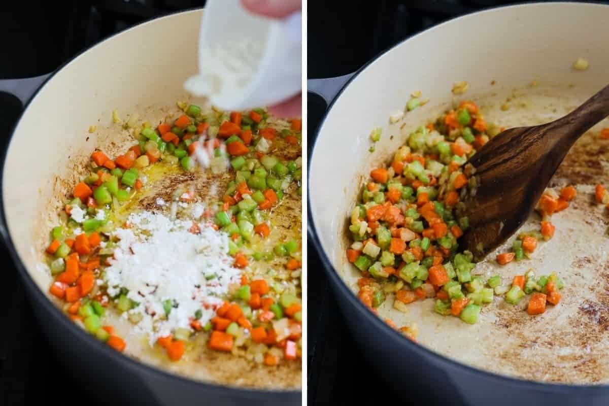 adding flour to the vegetables