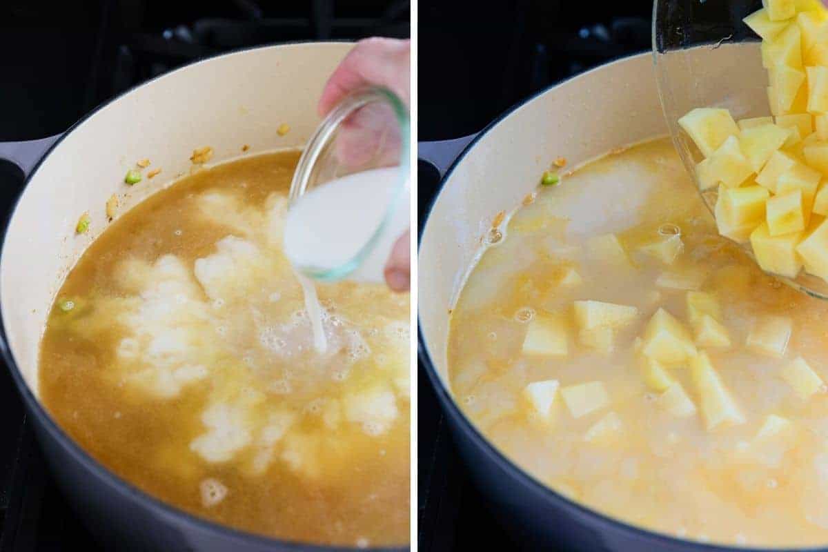 adding milk and potatoes to soup pot