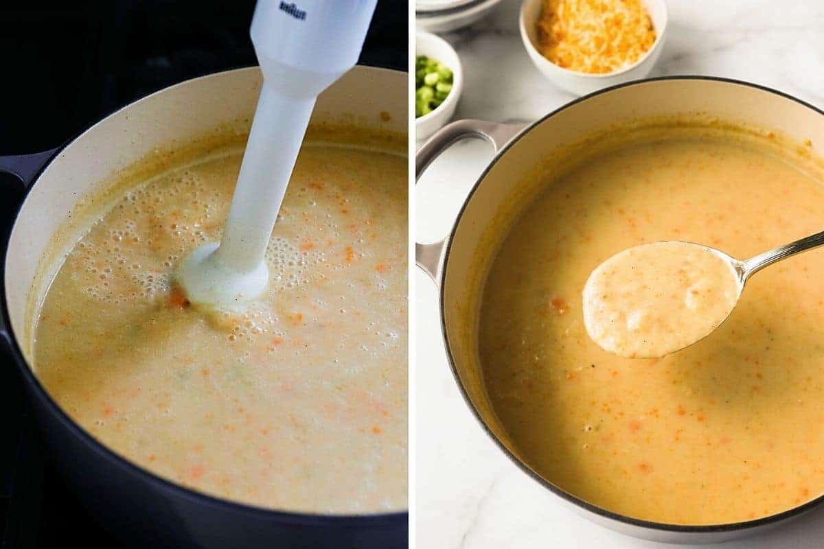 pureeing soup with a handheld blender and finished soup in pot