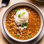 curry lentil soup topped with rice