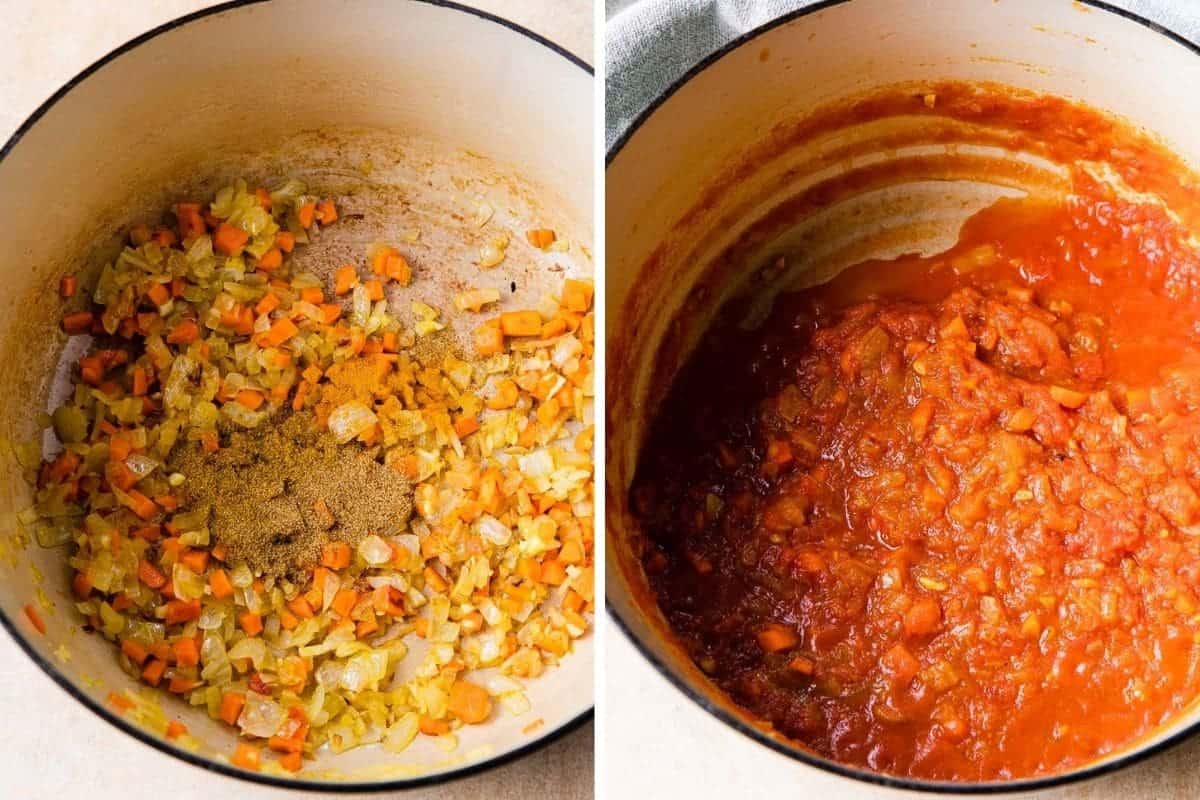 cooking vegetables and crushed tomatoes in a large pot