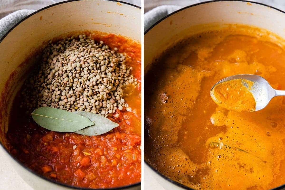 lentils and bay leaves added to pot. Skimming the scum or froth from the surface of the soup.