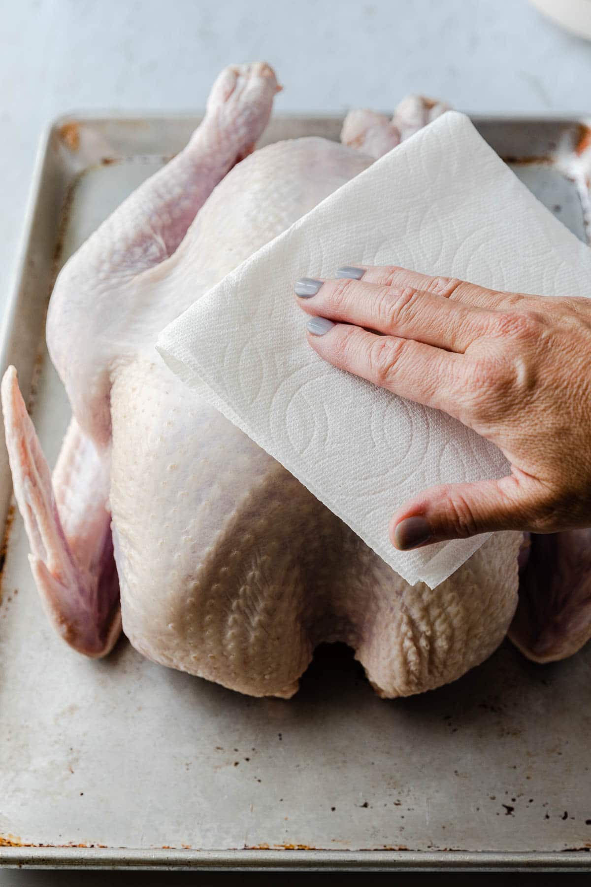 raw turkey being wiped with a paper towel