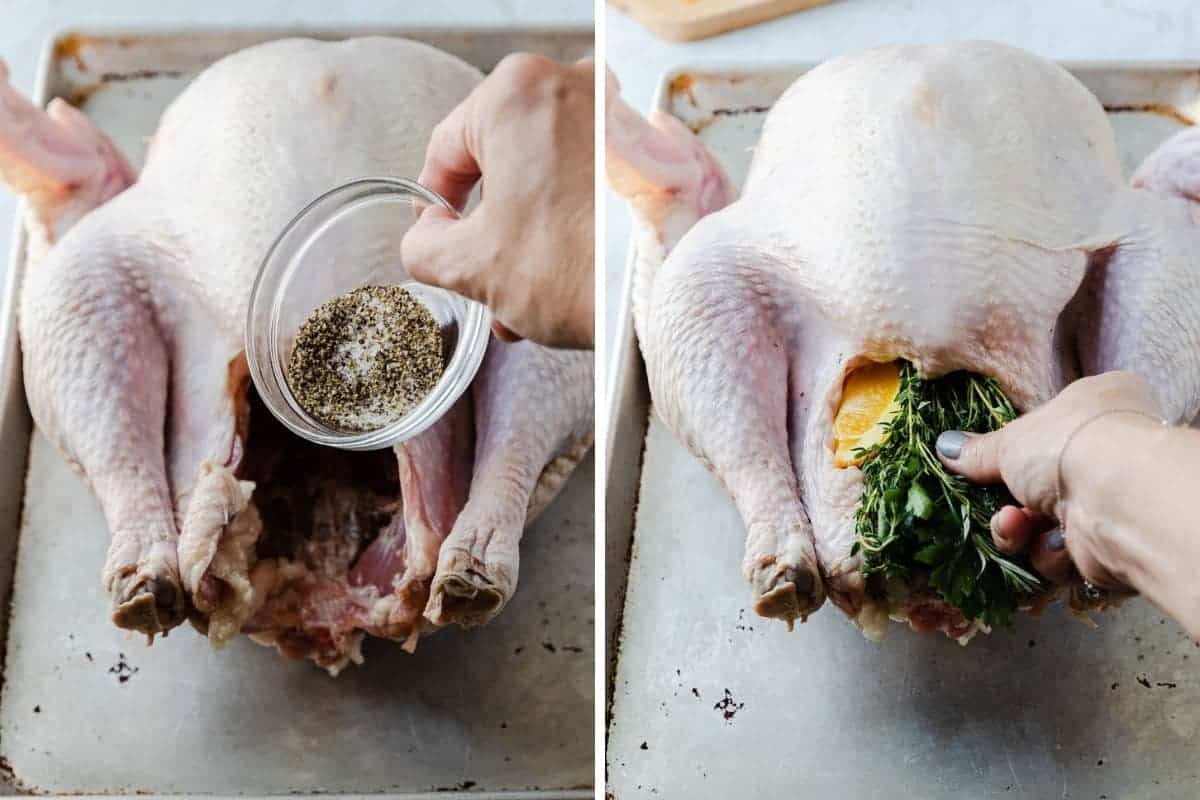 adding seasoning and aromatics to turkey cavity