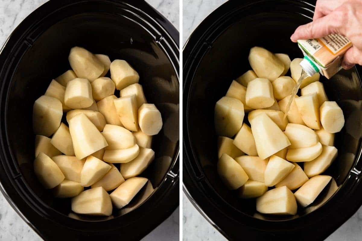 cut and peeled potatoes with chicken broth in a crockpot