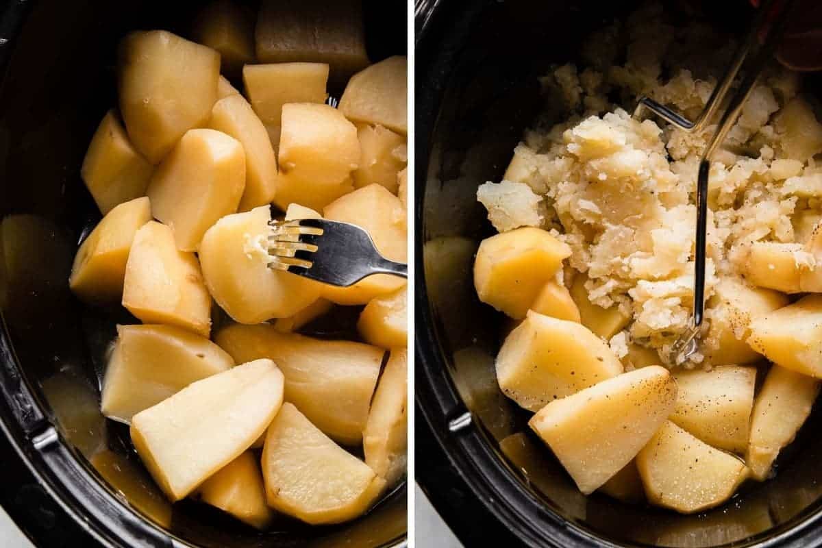 fork tender potatoes in crockpot being mashed