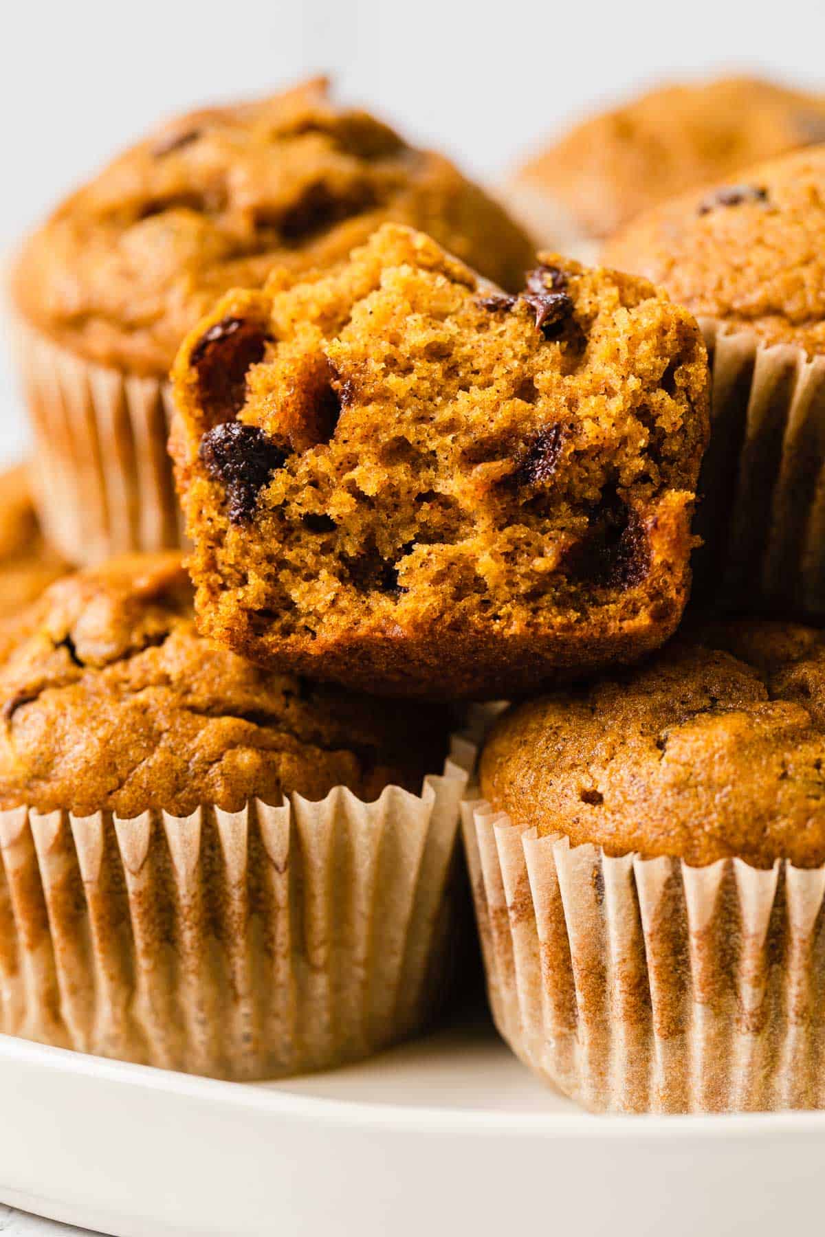 A pumpkin muffin cut in half.