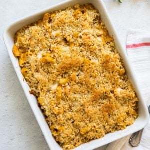 pumpkin mac and cheese in a casserole dish