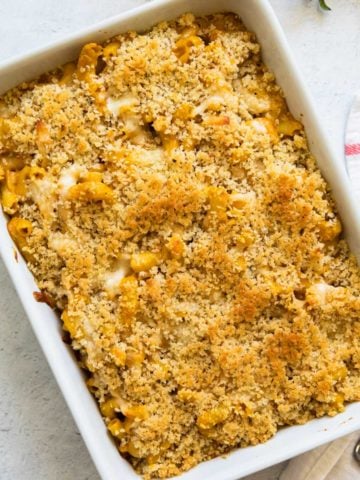 pumpkin mac and cheese in a casserole dish