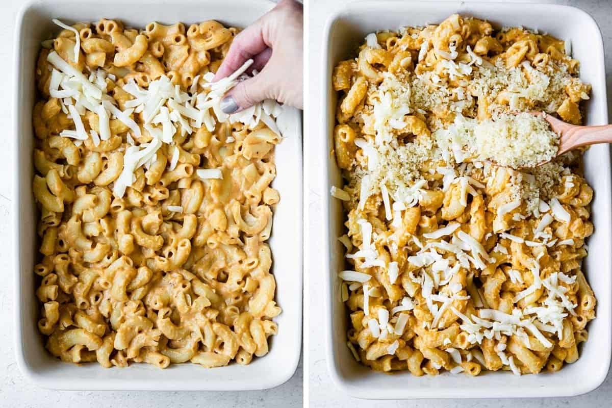 layering cheese and breadcrumbs over macaroni mixture in a casserole dish