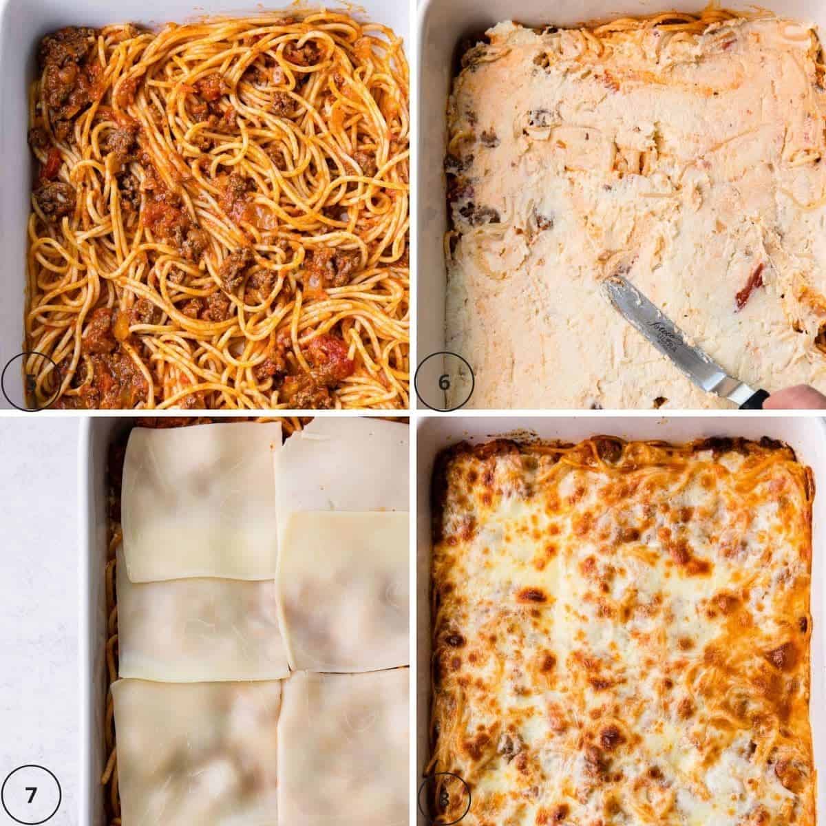 Making spaghetti in a casserole dish.