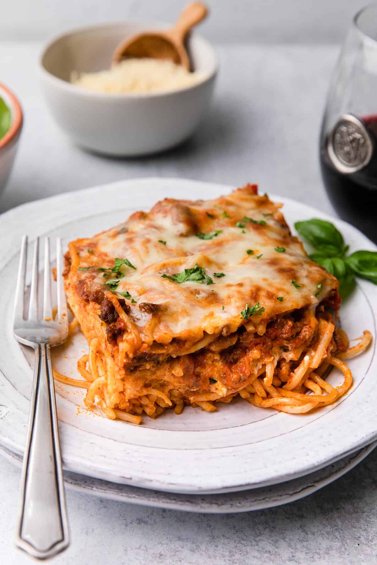 A piece of spaghetti casserole on a plate.