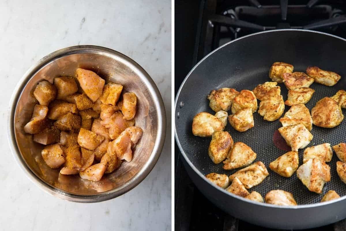 The cut chicken in a bowl. The chicken cooked in a pan.