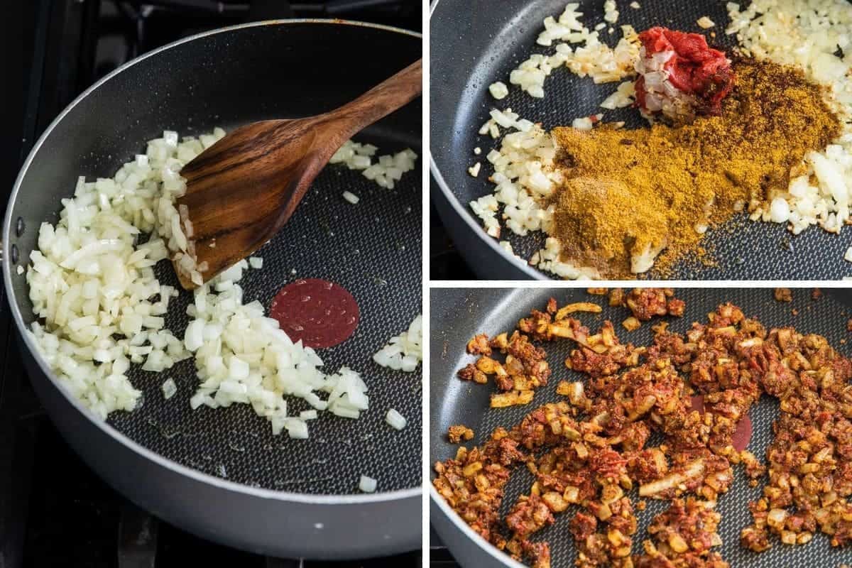 Cooking onions in a pan. Add spices to onions. Add tomato paste to spice mixture.