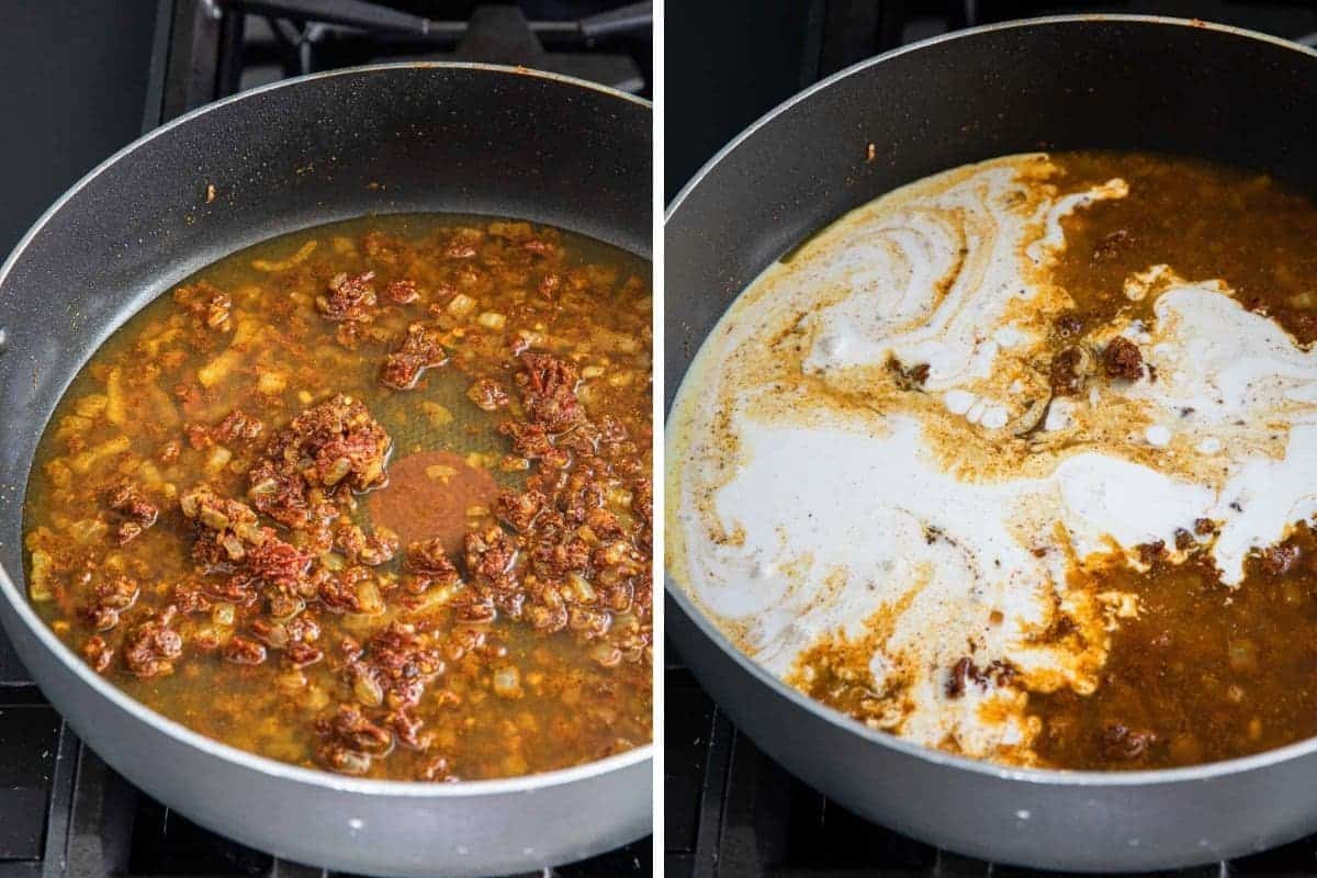 Add chicken broth. Add coconut milk to pan.