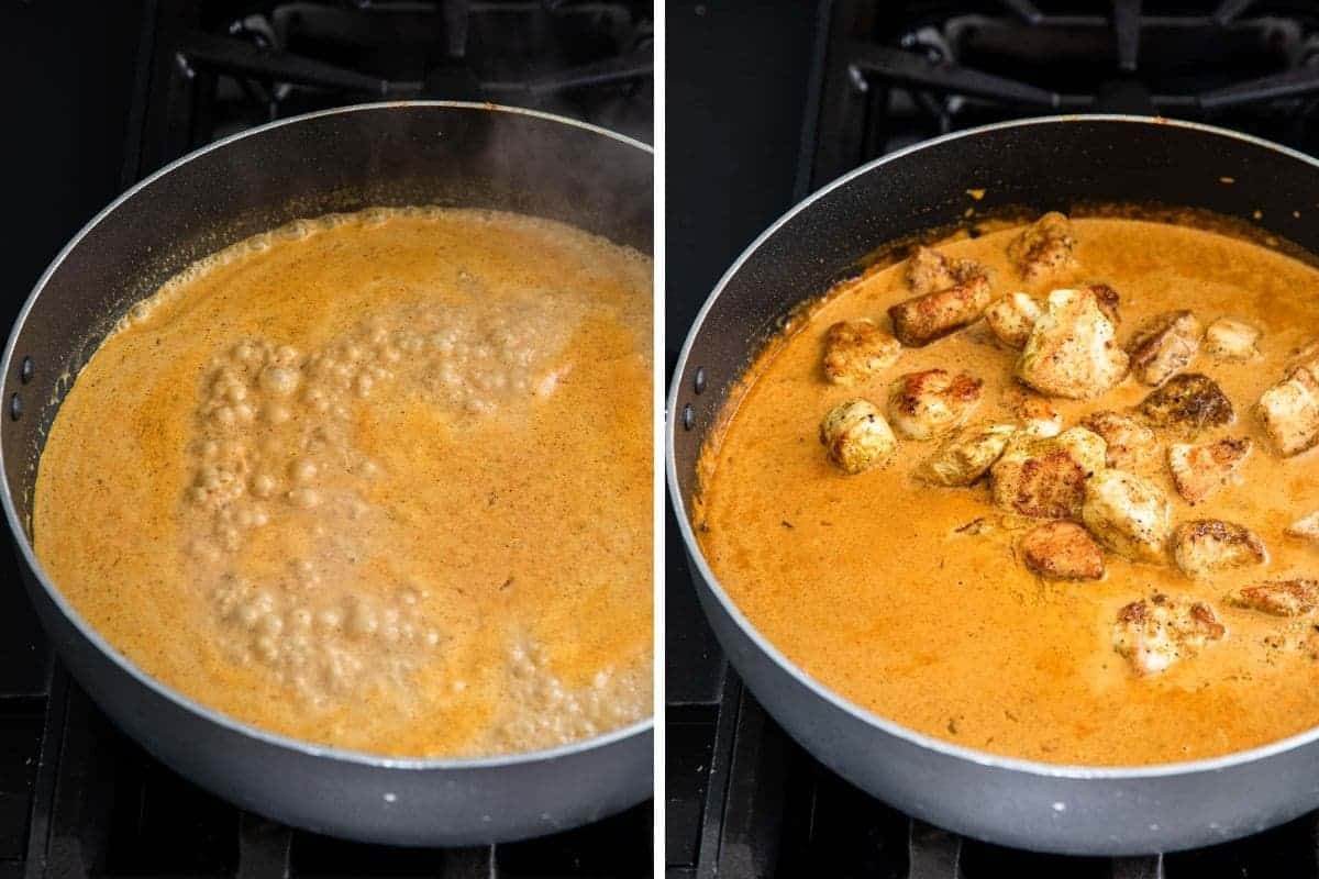 Simmering curry. Chicken and curry sauce simmering in pan.