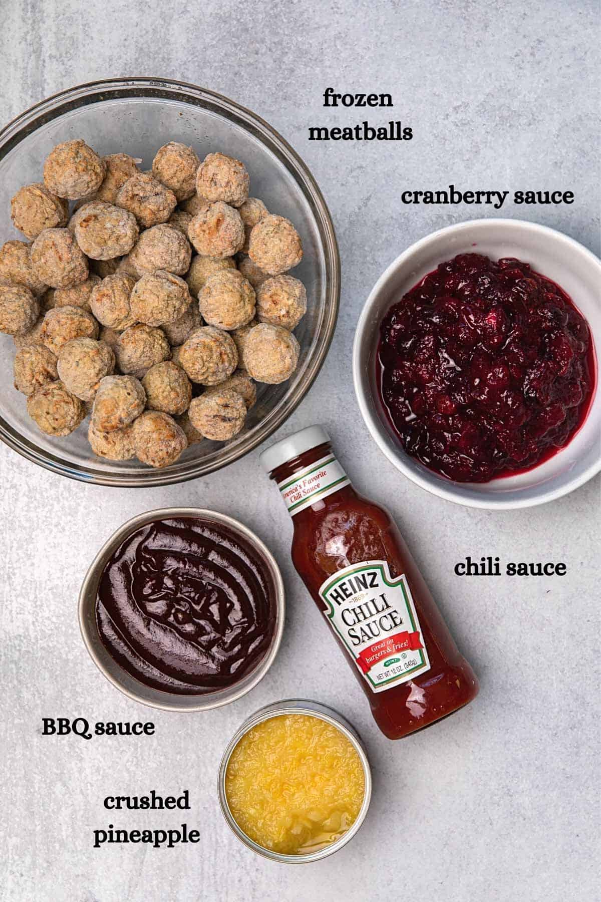 Frozen meatballs, bbq sauce, chili sauce, cranberry sauce, crushed pineapple.