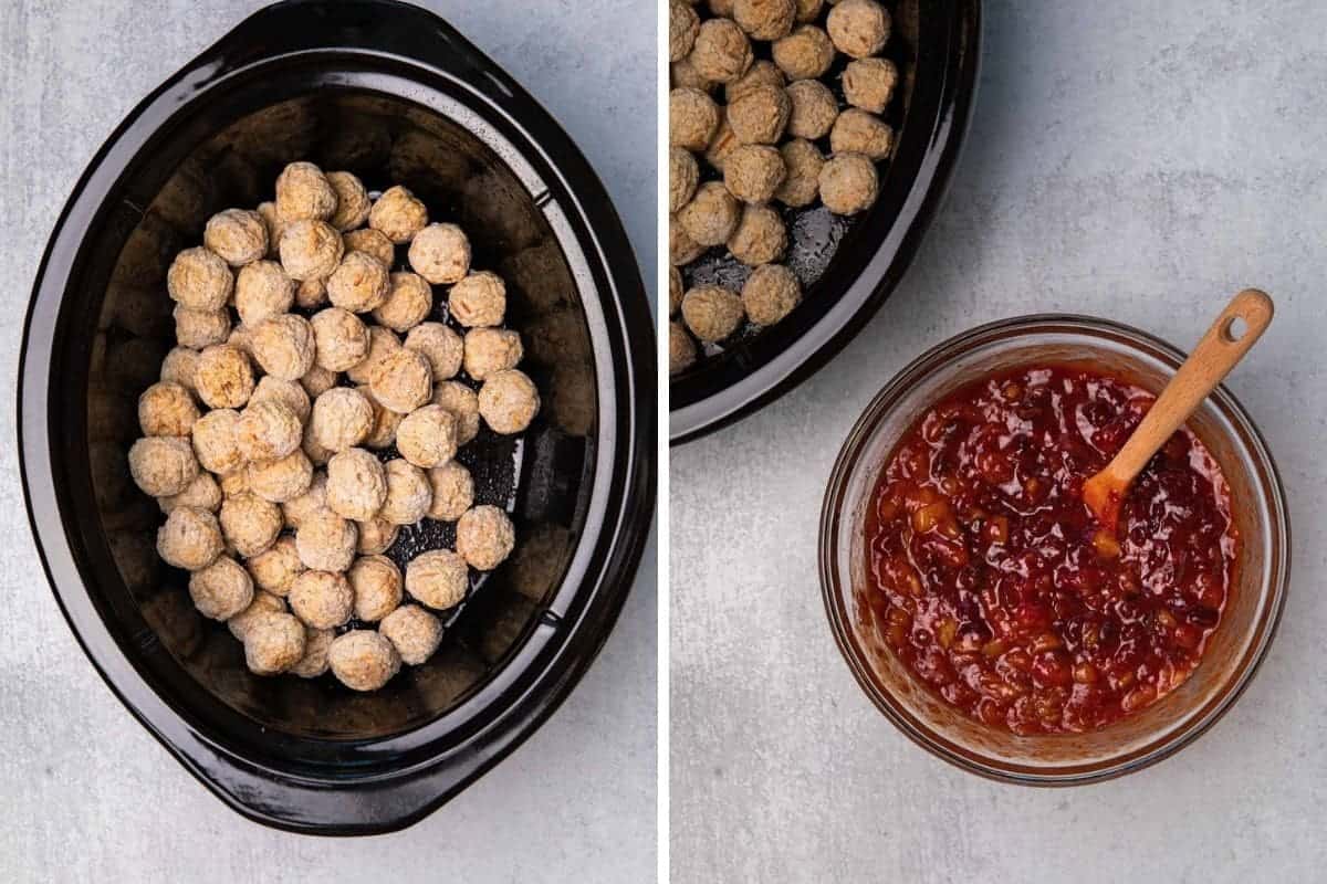 The frozen meatballs in the crockpot. The sauce next to the crockpot.