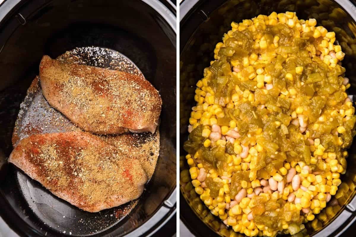 Chicken breast in slow cooker insert. Corn and green chilies in crockpot insert.