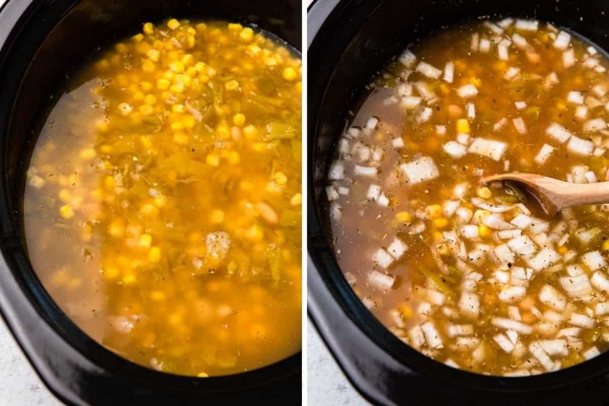 Soup ingredients in crockpot insert.