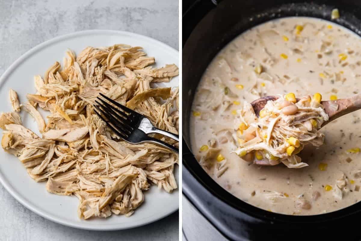 Shredded chicken on a plate. Crockpot with creamy soup.