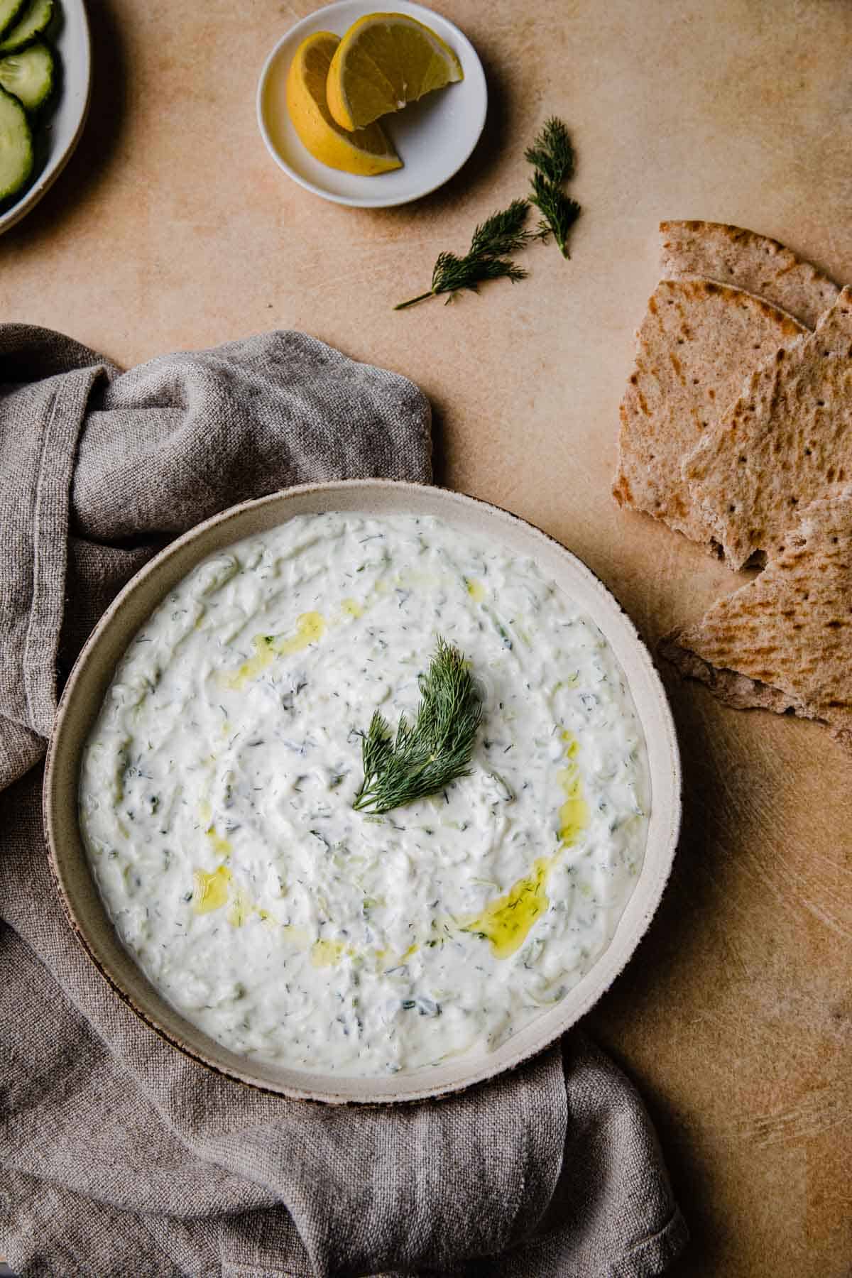 A bowl of tzatziki.