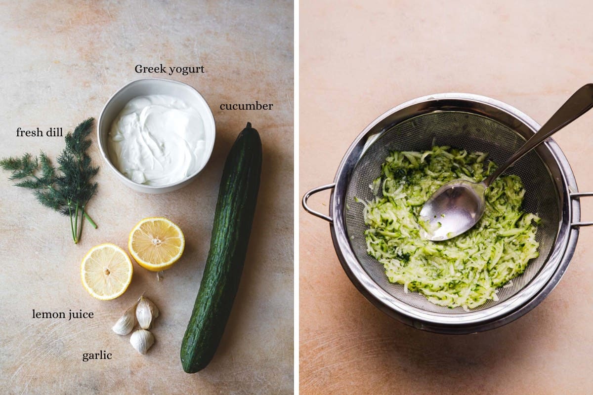 Yogurt, dill, lemons, cucumber, garlic. Excess liquid draining from cucumbers.