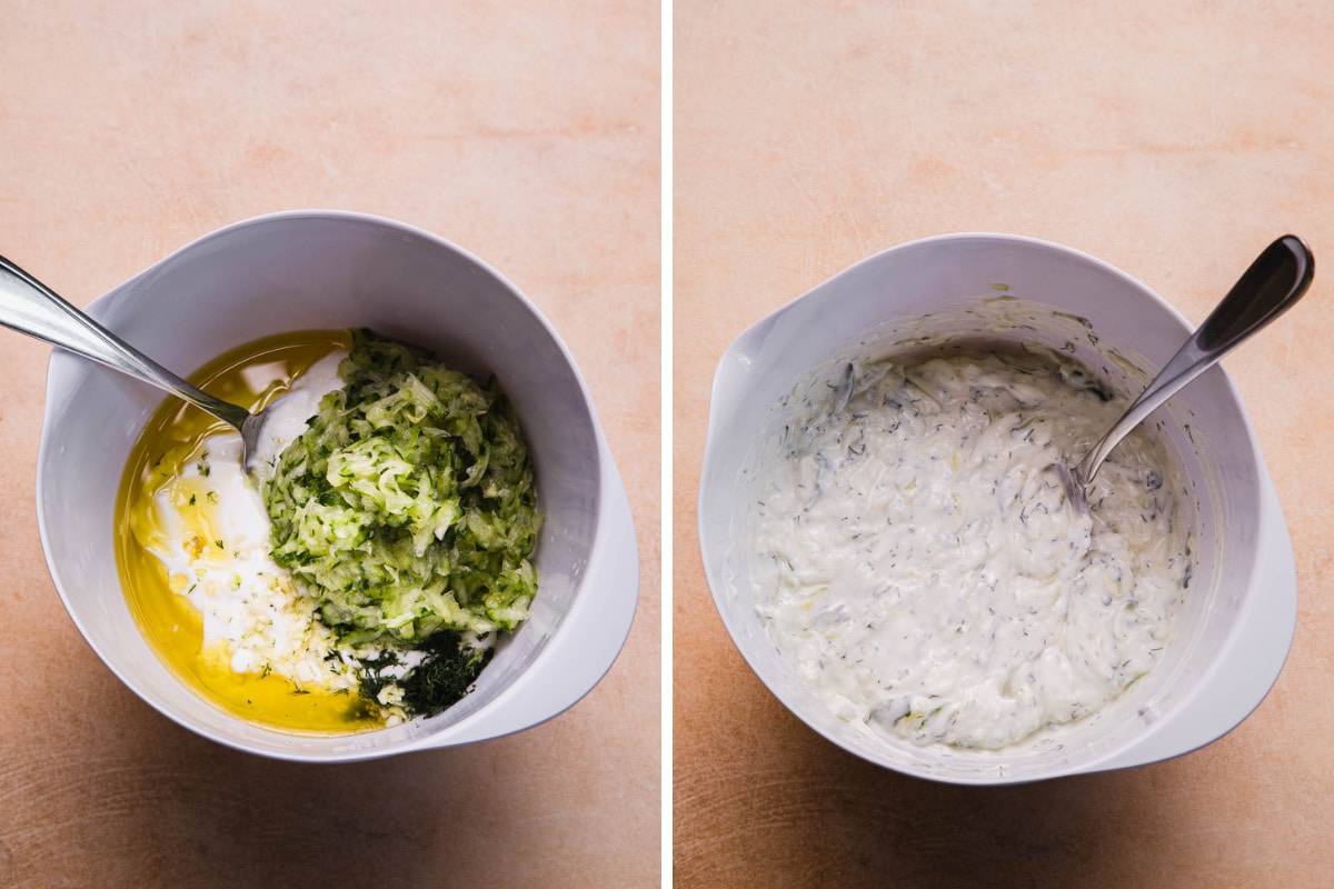 ingredients in a mixing bowl. tzatziki prepared in a mixing bowl.