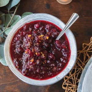 bowl of cranberry sauce on a table