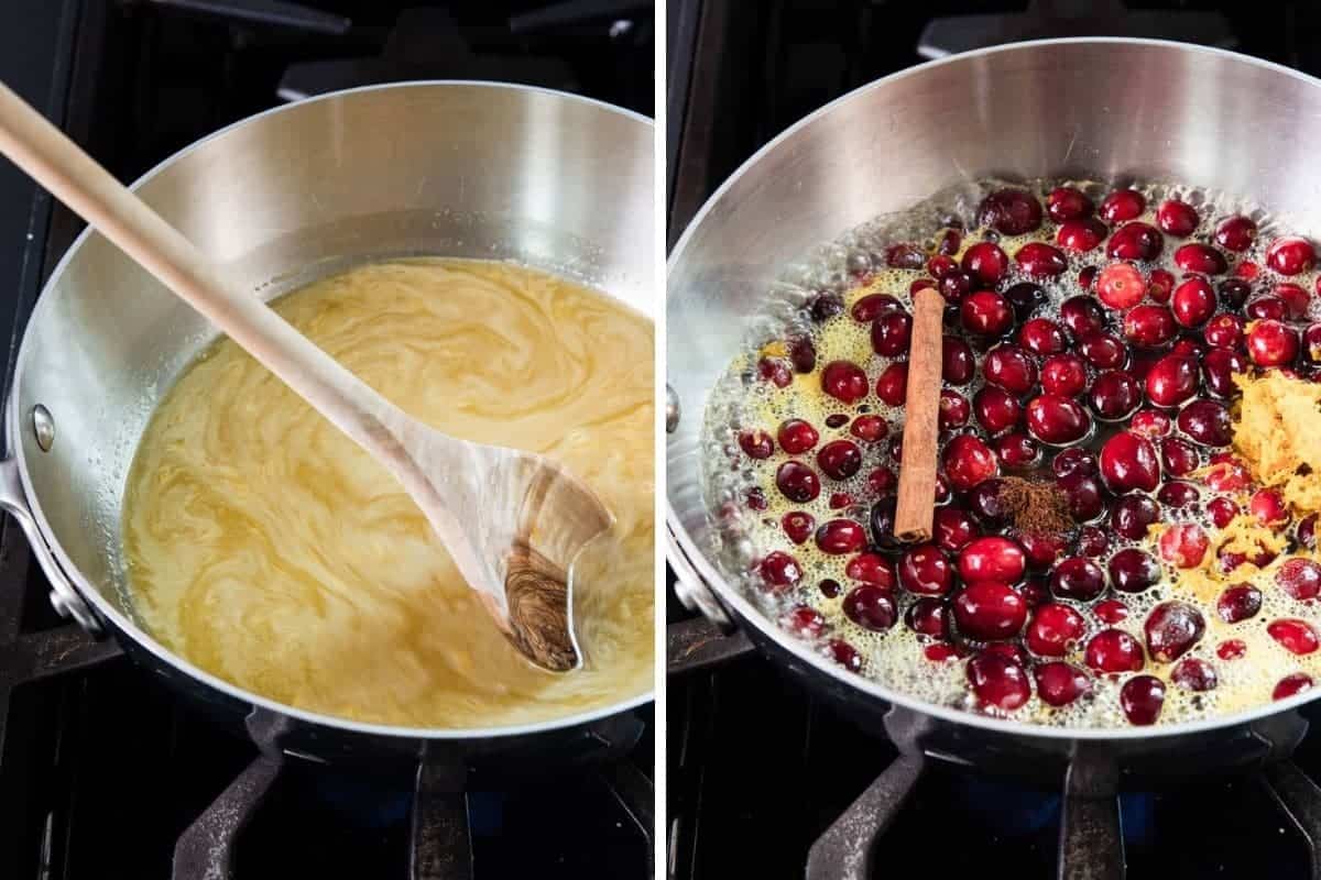 Orange juice and sugar in a sauce pan. Cranberries, cinnamon stick and orange zest in a saucepan.