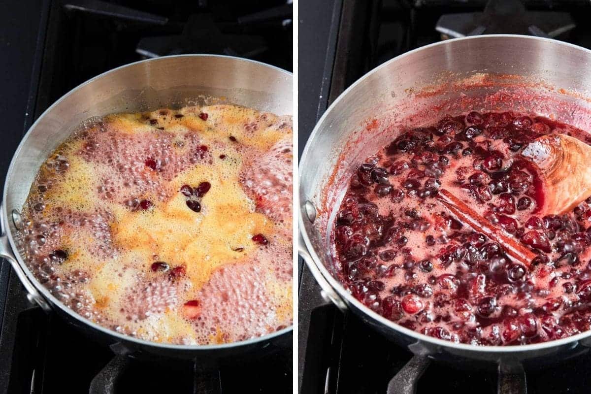 Cooking cranberries in orange juice. Cranberries sauce in a sauce pan.