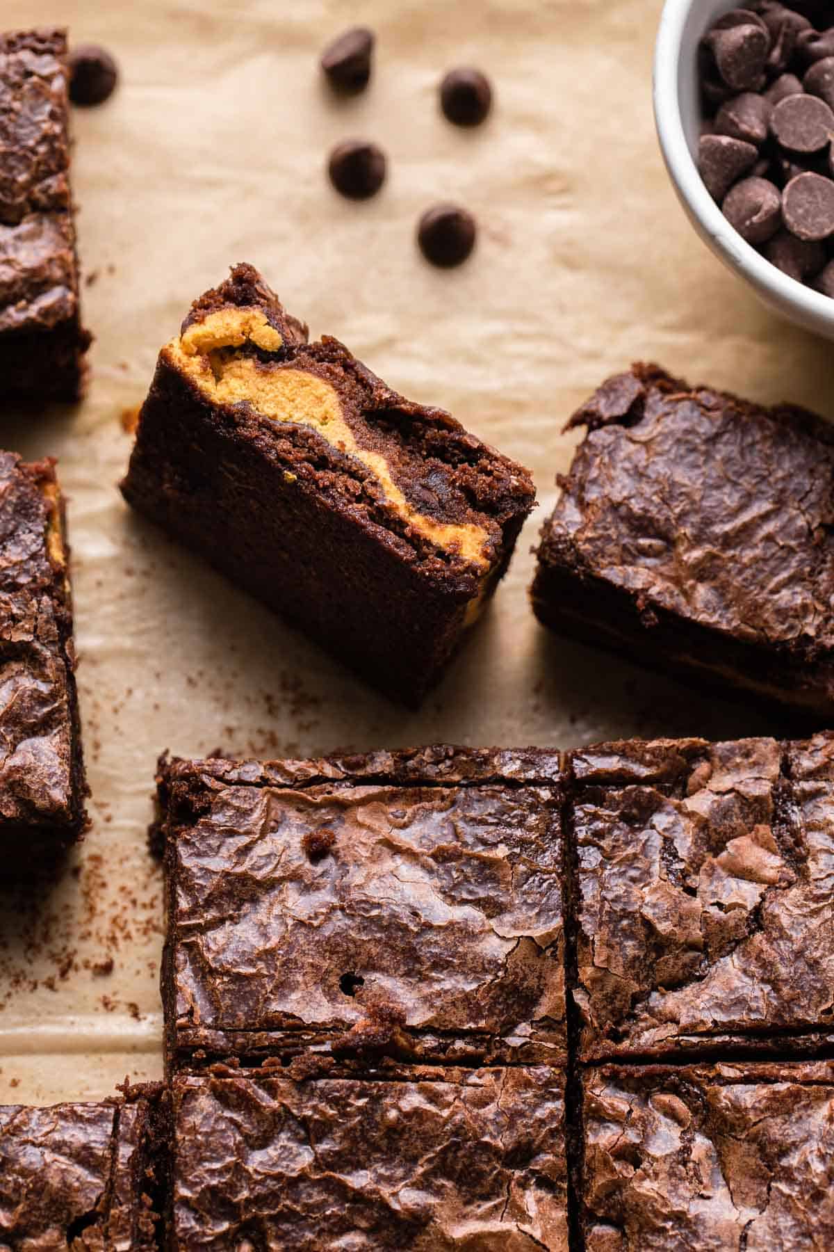 Pumpkin brownies cut into squares.