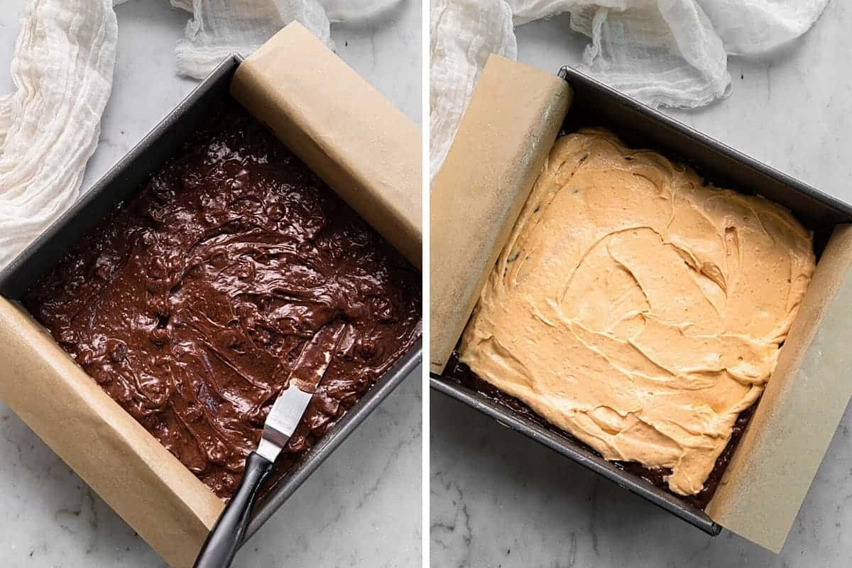 Layer the brownie and pumpkin mixture in a square baking pan.