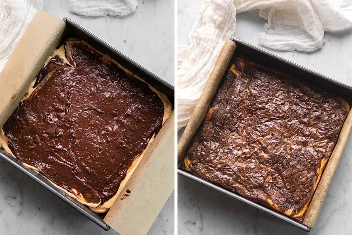 Pumpkin brownies before and after baking.