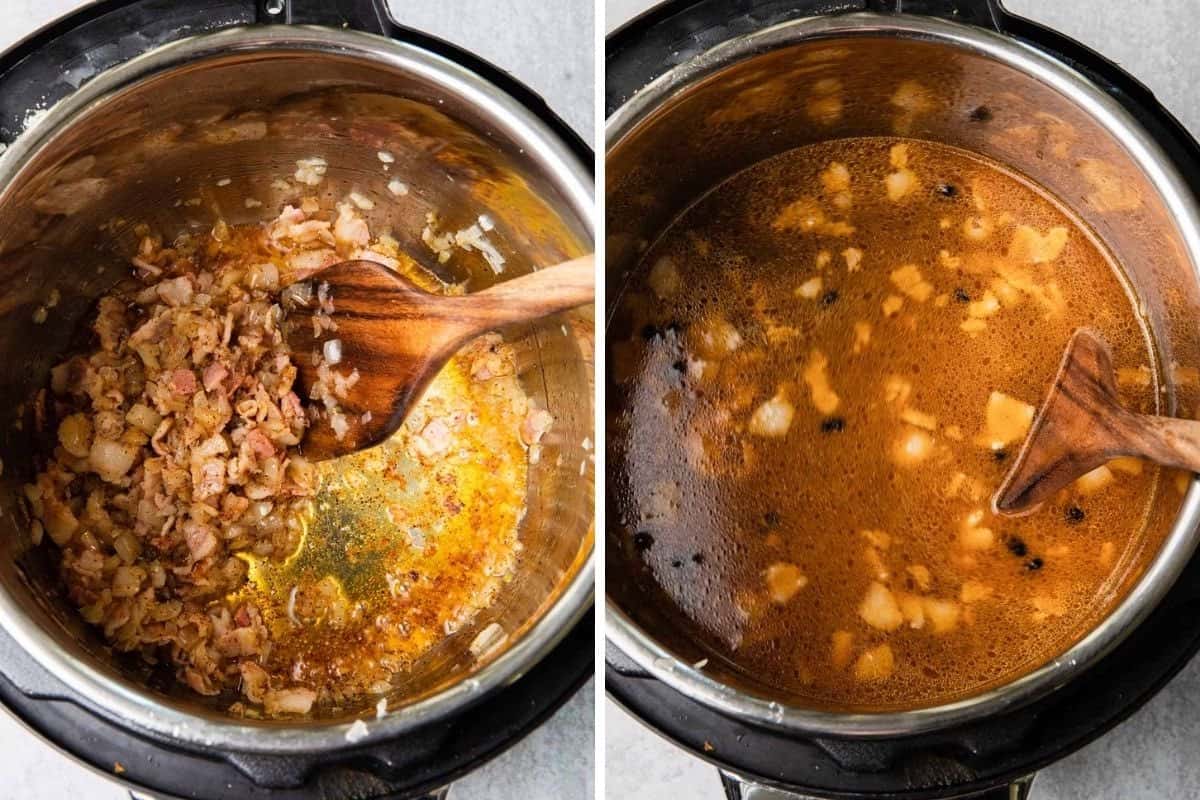 Instant pot with bacon, onions, and liquids.