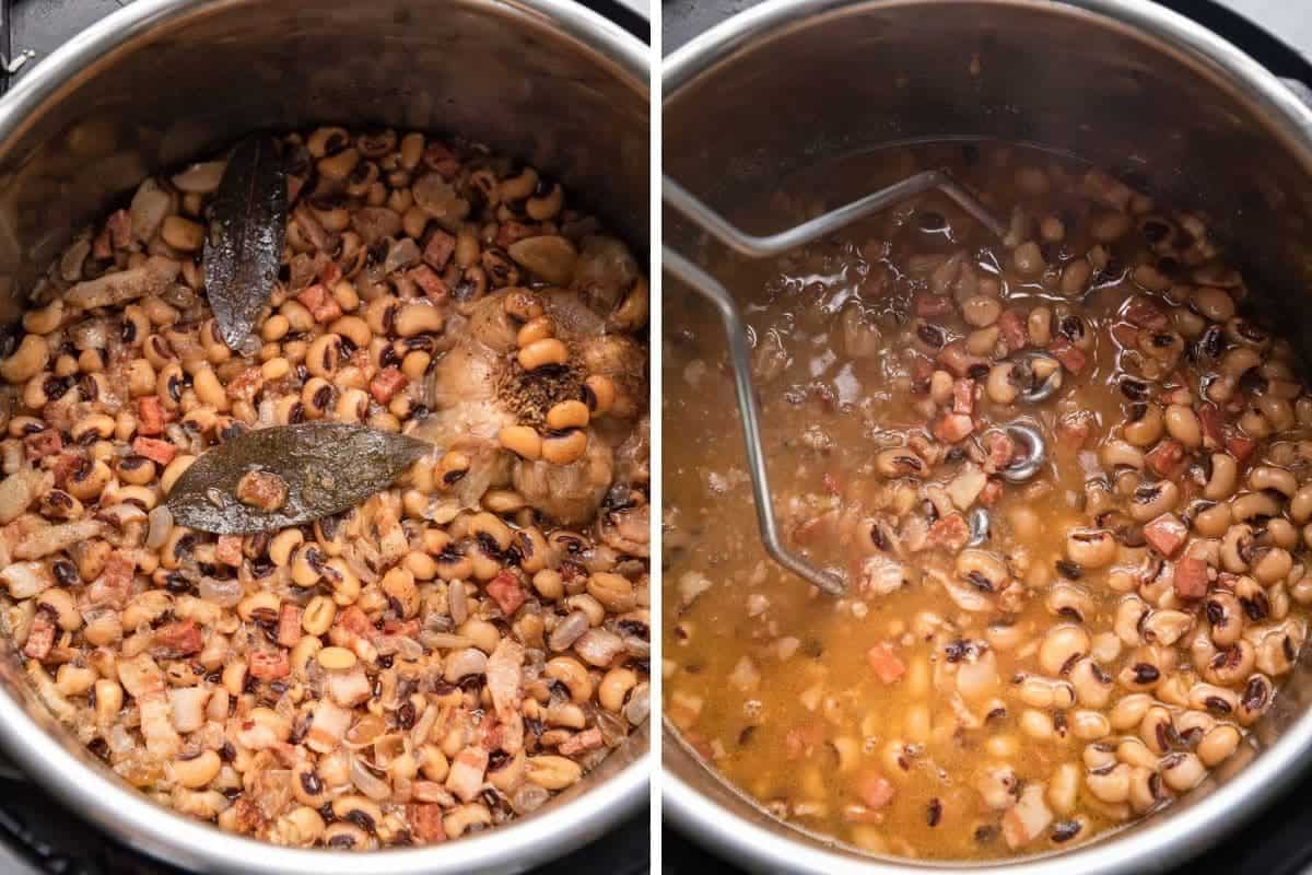 Cooked black eyed peas being mashed in instant pot.