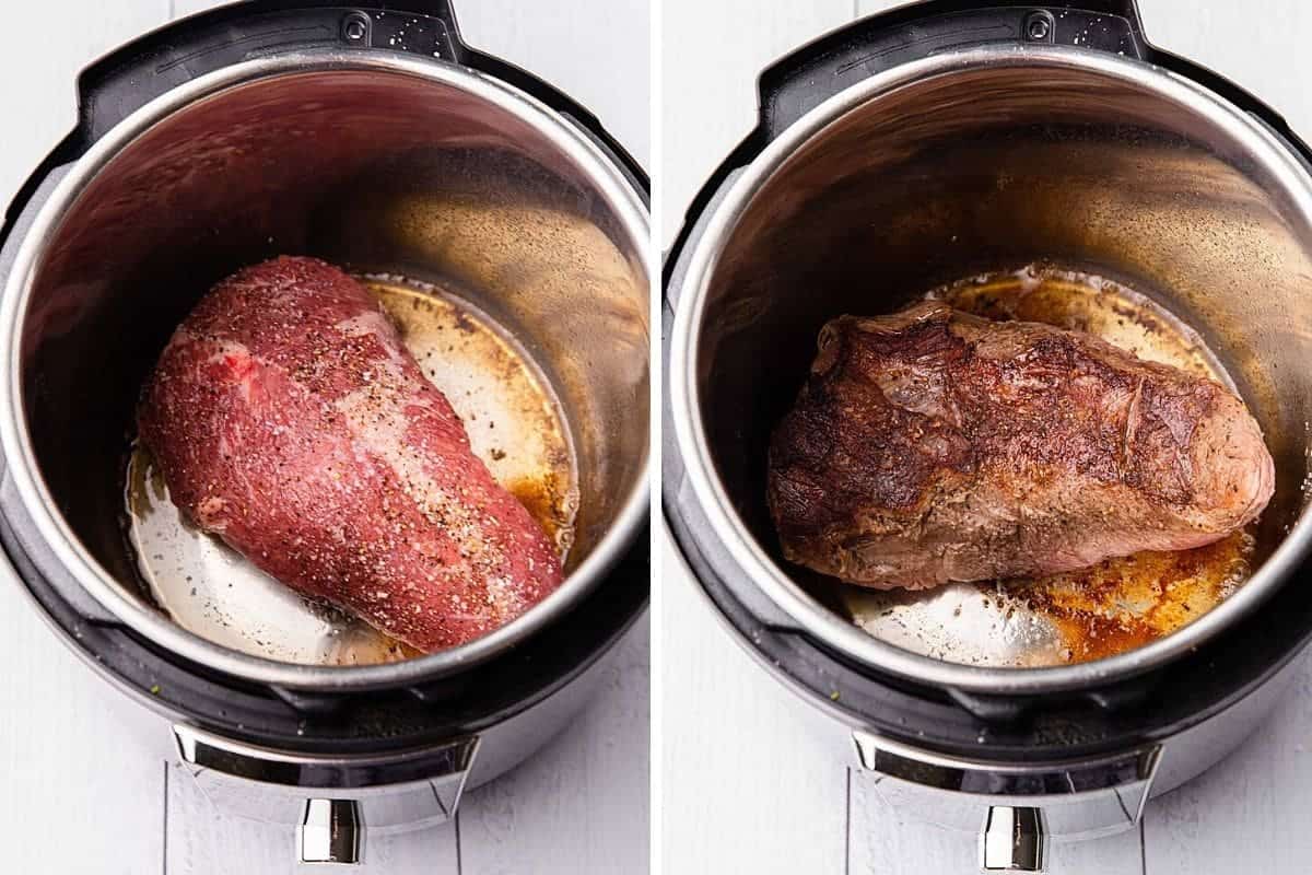 Searing the chuck roast in the instant pot.