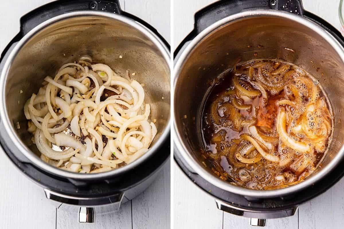 Sauteing onions and adding liquids to instant pot.