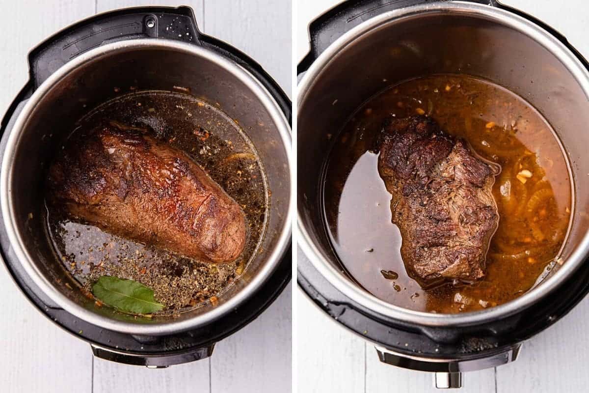 Chuck roast before and after being cooked.