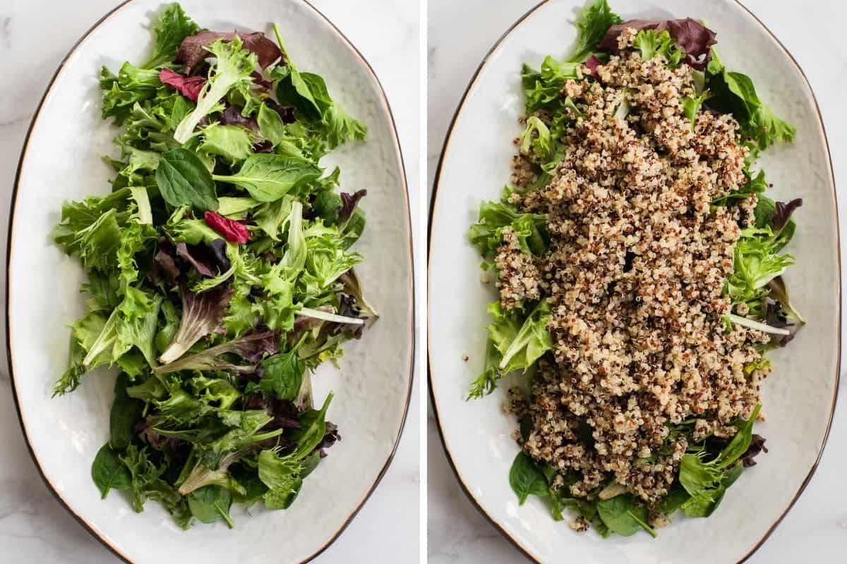 salad greens and quinoa on a large platter