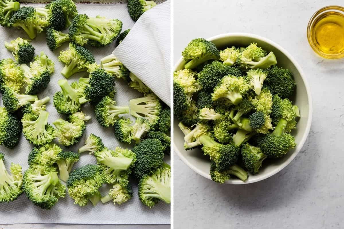 broccoli on a sheet pan being dried with a paper towel