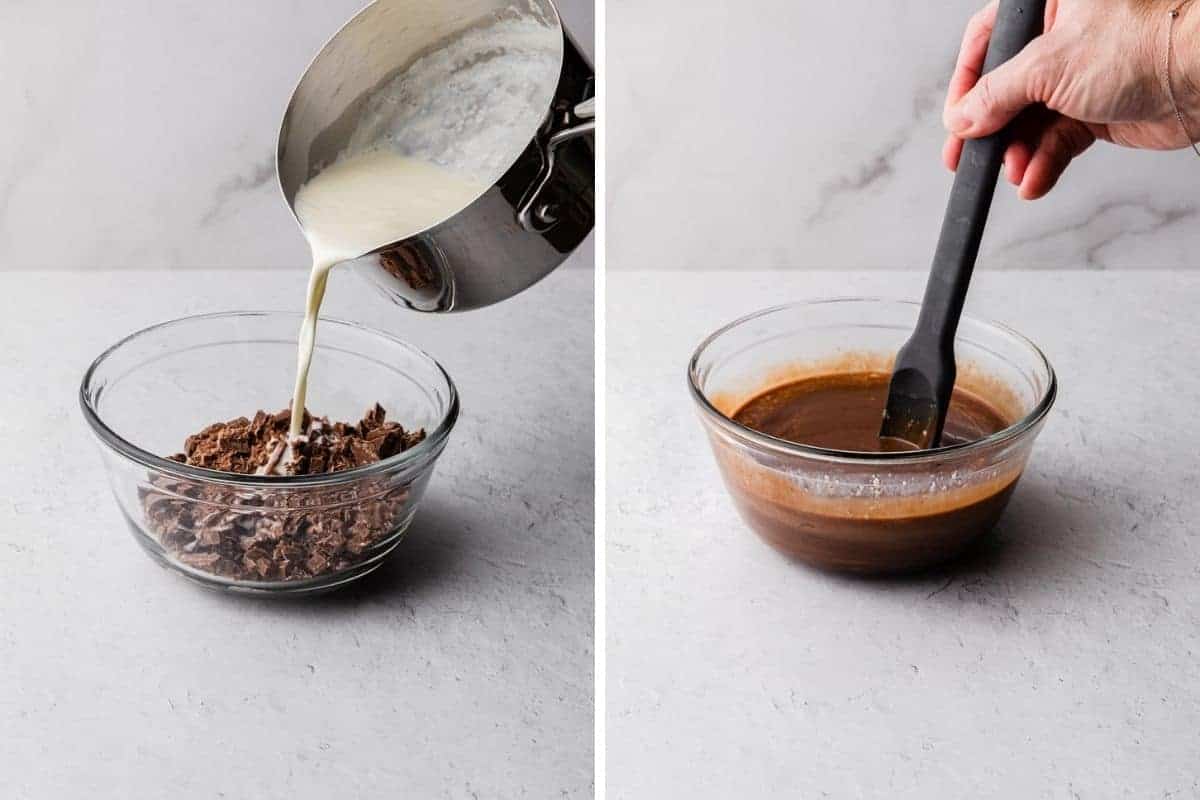 pouring heavy cram into a bowl with chopped chocolate